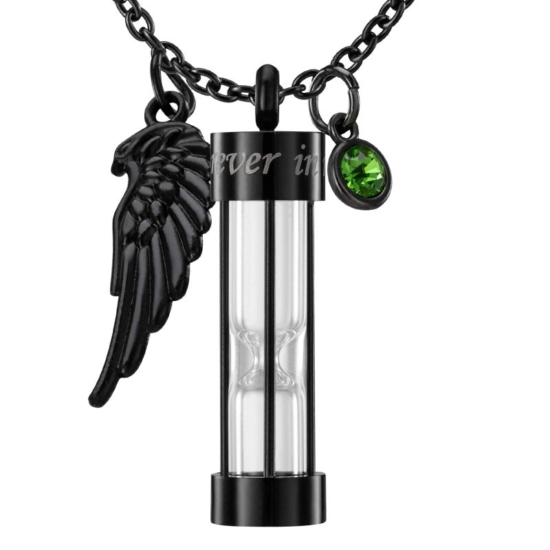 PREKIAR Cremation Urn Necklace for Ashes Time Hourglass Memory Jewelry Pendant Keepsake with Angel Wing and 12 Birthstones Forever In My Heart (Black hourglass) - Image 1